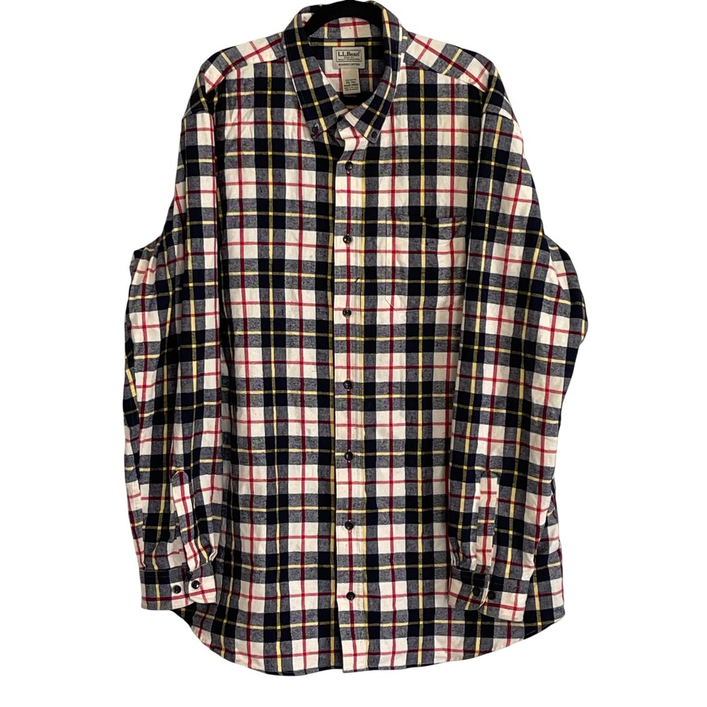 L.L. Bean Mens XXL-Tall Plaid Flannel Shirt Slightly Fitted‎ Navy Red Yellow